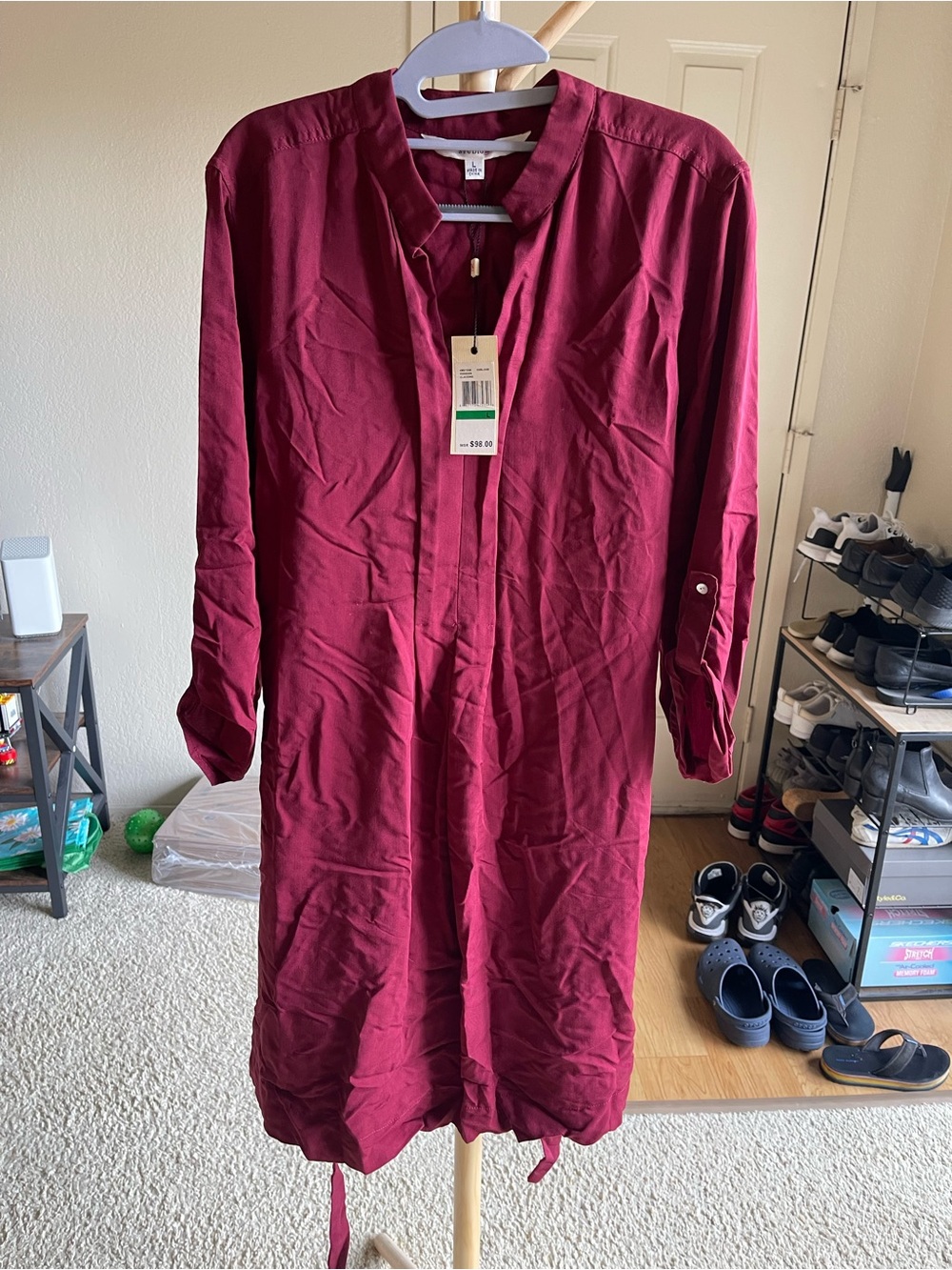 Studio M Women's Button-Down Longline Shirt Dress - Burgundy